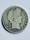 1913 Barber Silver Half Dollar RARE!! 50c G+ Condition Coin!!