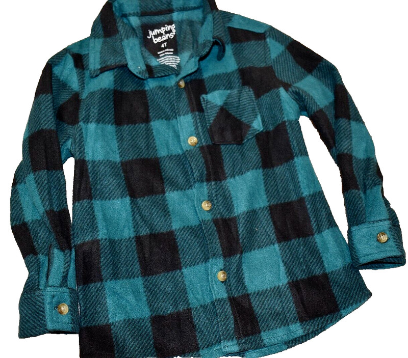 K8 !WOW! JUMPING BEANS 4T Boys Green Fleece Plaid button Up Long Sleeve Shirt