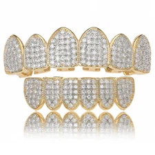 14K Gold Plated CZ Grillz Teeth Hip Hop Top Bottom Mouth Silver Grill Set Custom