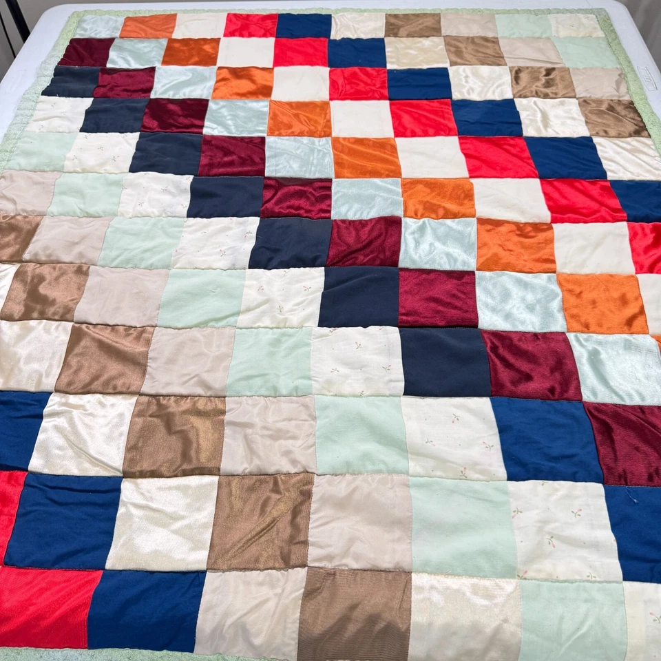 handmade lap quilt red blue diagonal square block rustic primitive - Image 2 of 4