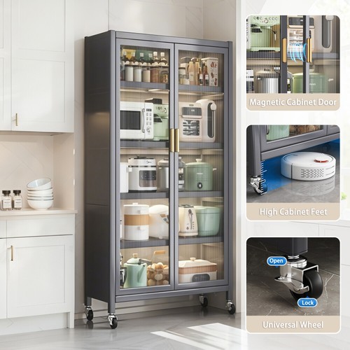 6-Tier Pantry Cabinet - Adjustable Shelves & Locking Wheels (Transparent Door) - Picture 3 of 8