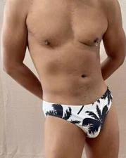 New Men's Sexy White & Black Palm Low Rise Bikini Swim Brief w/Pouch -Gay