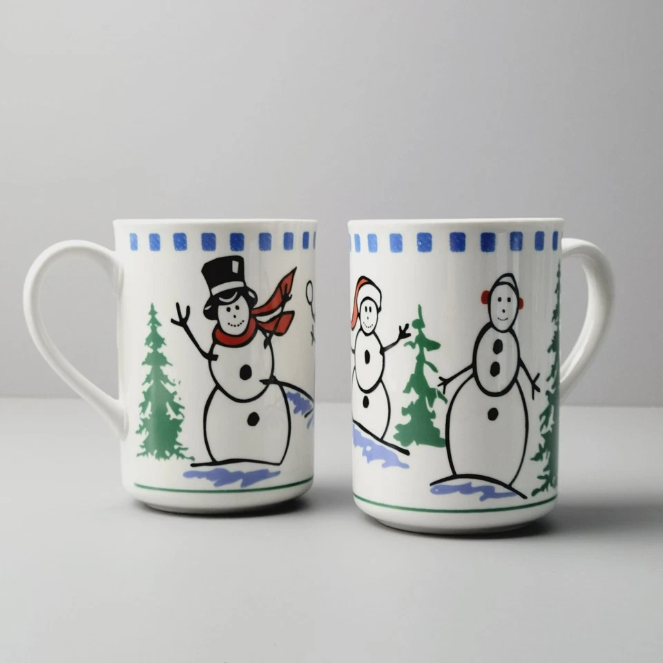 Tazas de café Libbey muñeco de nieve (2), diseño de invierno blanco, azul y verde descontinuado Foto 2 de 4