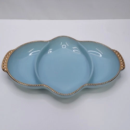 Vintage Fire King Divided Dish Delphine Blue 3 Sections Gold Trim