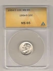 RARE Vintage ANACS MS 65 1954 S Roosevelt Silver Dime BU 90% Silver Dime 10c