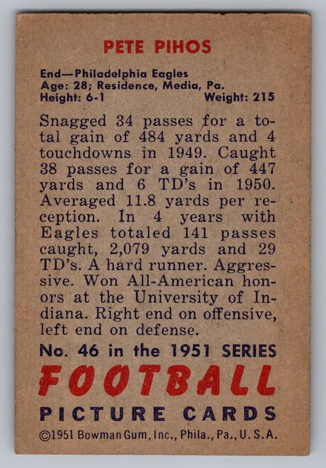 1951 BOWMAN #46 PETE PIHOS EAGLES - Image 2 of 3