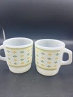 Vintage Termo Rey Milk Glass Stackable Mug Flowers Green & Yellow Brazil Set (2)