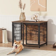 Dog Crate Furniture with Cushion, Wooden Dog Kennel with Double Doors, Heavy ...
