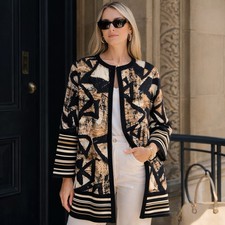 St John Knit Jacket Cardigan Size 8 Black Tan Abstract Open Front USA