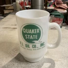 QUAKER STATE MILK GLASS COFFEE MUG / CUP-V.J. OIL CO.-ABILENE, TX- VINTAGE RETRO