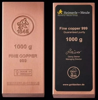 Kupferbarren, Heimerle & Meule 1 Kg .999 Feinkupfer Riegel beste Qualität - Bild 1 von 4