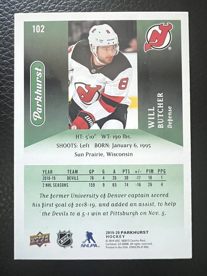 Will Butcher 2019-20 Parkhurst #102 Card New Jersey Devils - Image 2 of 2