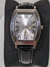 Silver Tone Dial Rectangle Case Black Leather Band Watch