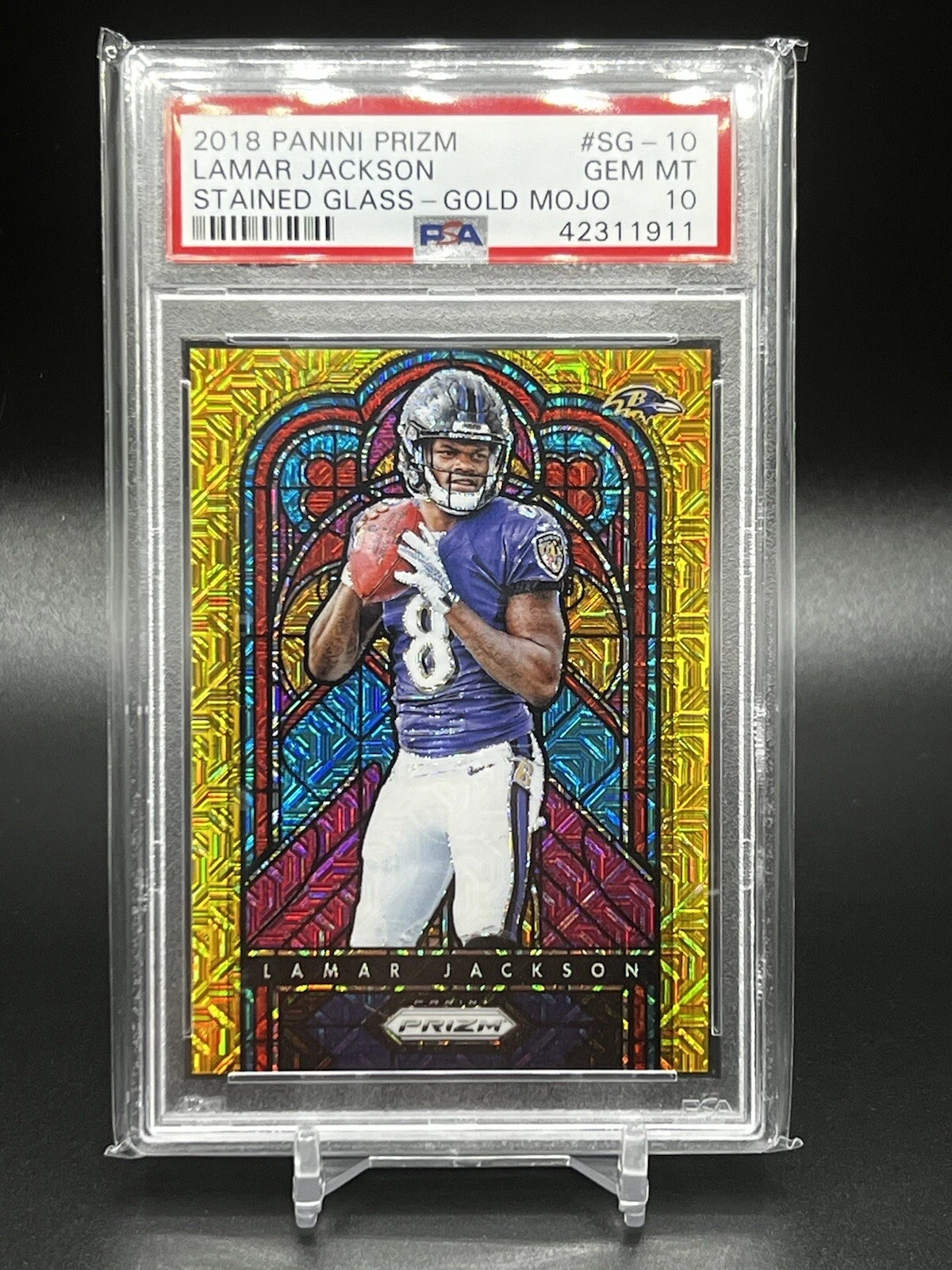 Lamar Jackson Panini Prizm Stained Glass #SG10 Gold Mojo