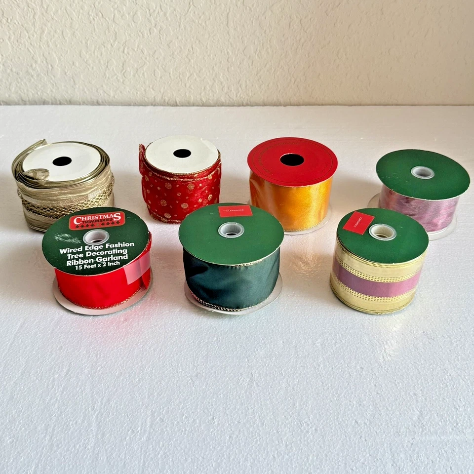 Vintage Spools Of Wire Edged Christmas Holiday Ribbon 7 Rolls 3 NOS Bow Making - Image 2 of 4