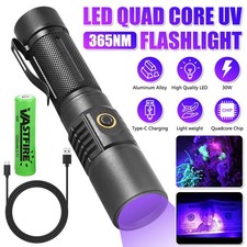 365nm UV LED Flashlight Black Light Clip Inspect Detector Torch USB Rechargeable