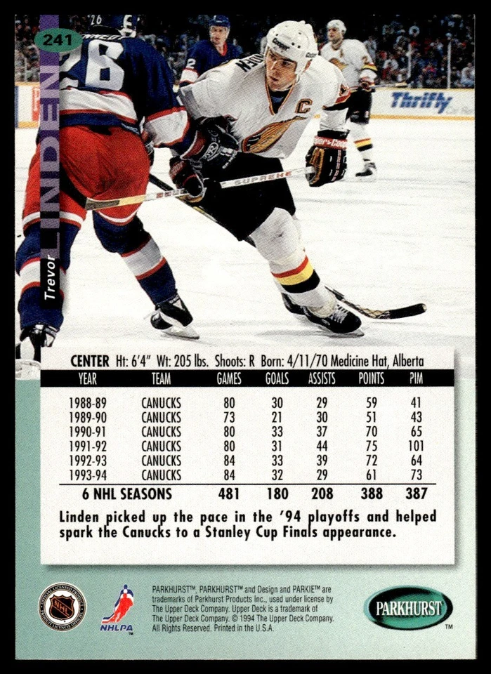 1994 Parkhurst #241 Trevor Linden - Vancouver Canucks - Image 2 of 2