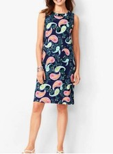 Talbots Navy Blue Paisley Print Ruffle Neckline Shift Knit Dress Sz-1X Plus
