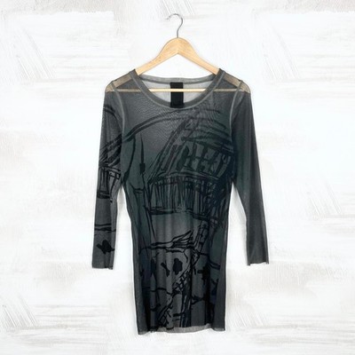 Rundholz Women s Avant Garde Lagenlook Mesh Printed Gray Black Tunic Dress M-L