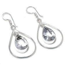 White Topaz Gemstone Handmade 925 Sterling Silver Jewelry Earring Size 1.9"