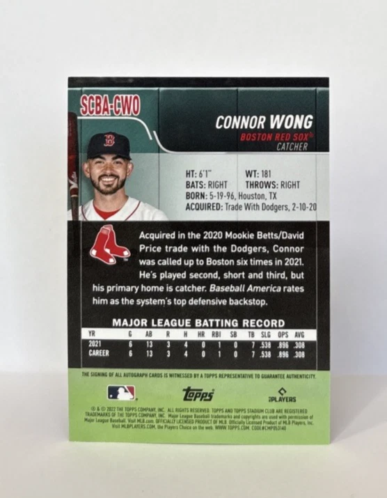 2022 Topps Stadium Club Autographs Connor Wong On Card Auto RC #SCBA-CWO Red Sox - Image 2 of 2