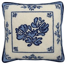 Vintage Blue Floral Needlepoint Throw Pillow Velvet Back 13x13 Square Cushion