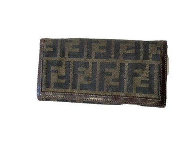 AS# Fendi Vintage FF Zucca Canvas Leather Wallet Brown Italy Made
