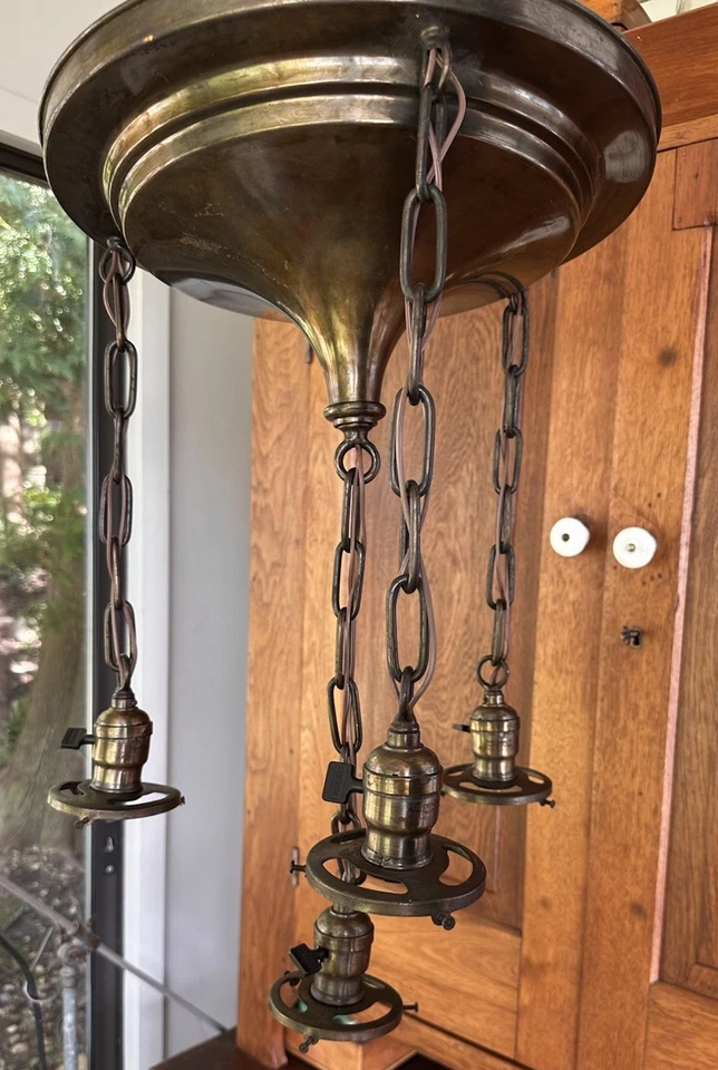 Antique Mission Art Crafts Chandelier Ceiling Light: Brass 4 Chains, Signed - Image 4 of 4