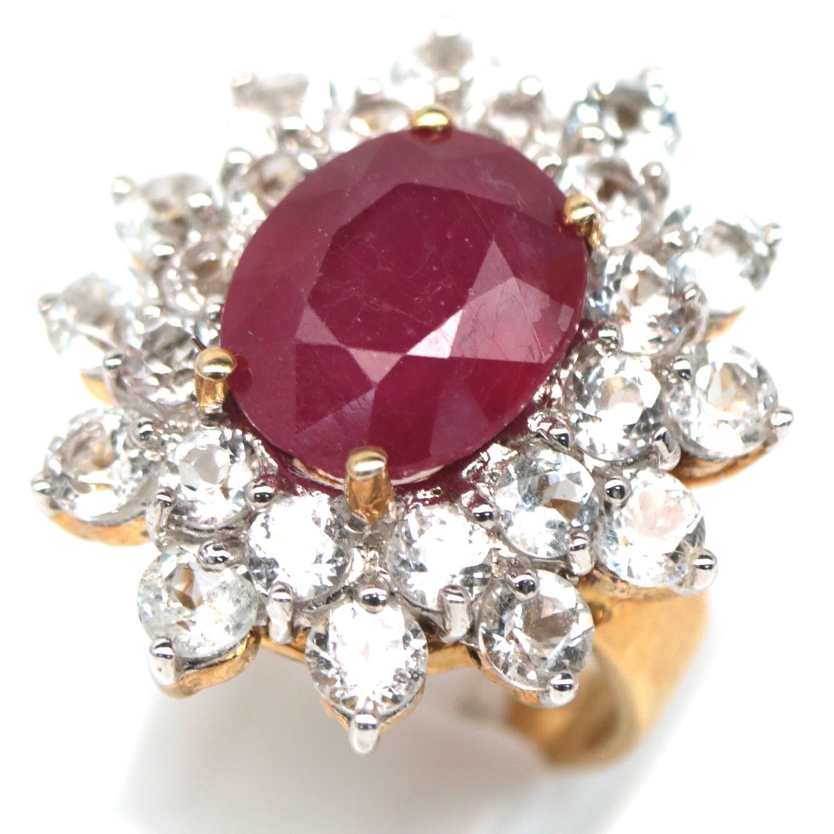 Ruby♥୨୧˙˳⋆﻿　　0118 925 Sterling Silver 11 x 13 mm. Red Ruby & White Zircon Ring