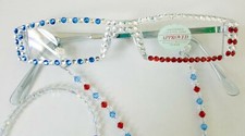 Patriotic made with Fine Austrian Crystal Reading Glasses  matching chain