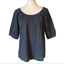 Michael Stars Navy Blue Eyelet Blouse Puffed Sleeves Sz M/L