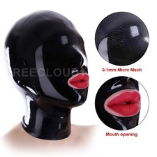 Maschera in gomma aperta bocca cappuccio lattice fetish BDSM clubwear 0,1 mm micro traforata