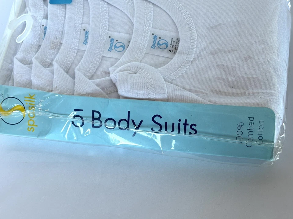 Juego de 5 trajes corporales Spasilk 100 % algodón peinado de 6 meses a 18 libras. Blanco NUEVO Foto 2 de 3