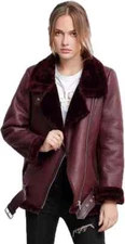 Women Fux Shearling Aviator Bombar Jacket Real Leather Biker Sheepskin Coat