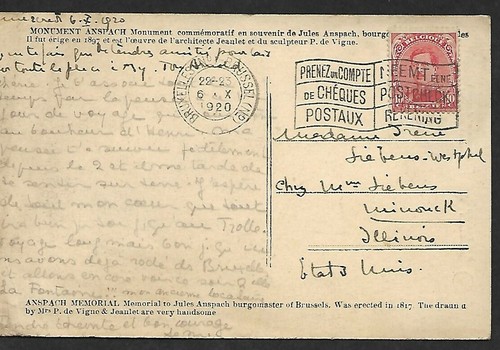 BELGIUM 1920 PICTURE POST CARD SLOGAN CANCEL TO MINONK ILLINOIS USA #204 - Bild 2 von 2
