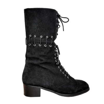 Miista Zelda Boots Black Suede Size EU 38 US 7.5 Lace Up Mid Calf Chunky Heel
