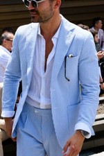 Men Seersucker Suit Blue 2 Piece Party Prom Groom Tuxedo Summer Casual Custom