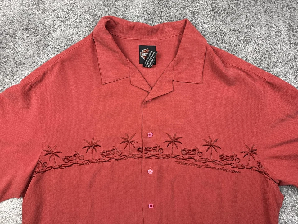 Camisa Harley-Davidson Para Hombre 2XL Roja Bordada Camp Aloha Palmera Motocicleta Foto 3 de 4