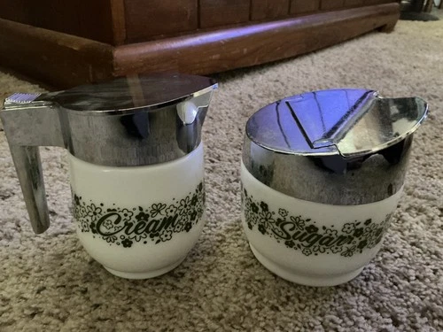 Vintage Gemco Milk Glass Cream and Sugar Set Green Spring Blossom Pattern c.1970