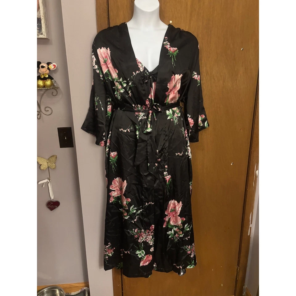 JONES NEW YORK Negro Estampado Floral Satinado Camisón Vestido sin Mangas y Bata Conjunto XL Foto 3 de 4