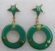 Celestial Green Gold Toned Stars Pierced Dangle Earrings