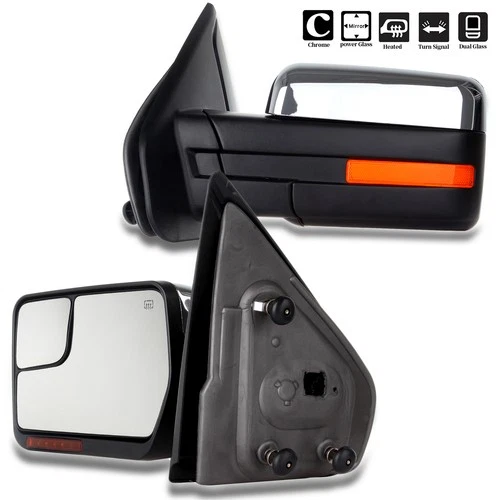 Power Heated For 04-14 Ford F150 Chrome Turn Signal Light Towing Mirrors Pair