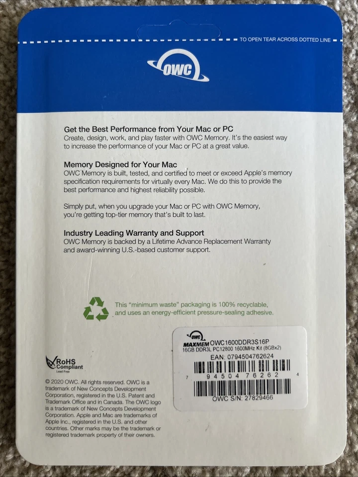 OWC Memory 16 GB / (8GBx2) LAB TESTED OWC1600DDR3S08GB NEW / SEALED - Image 2 of 2