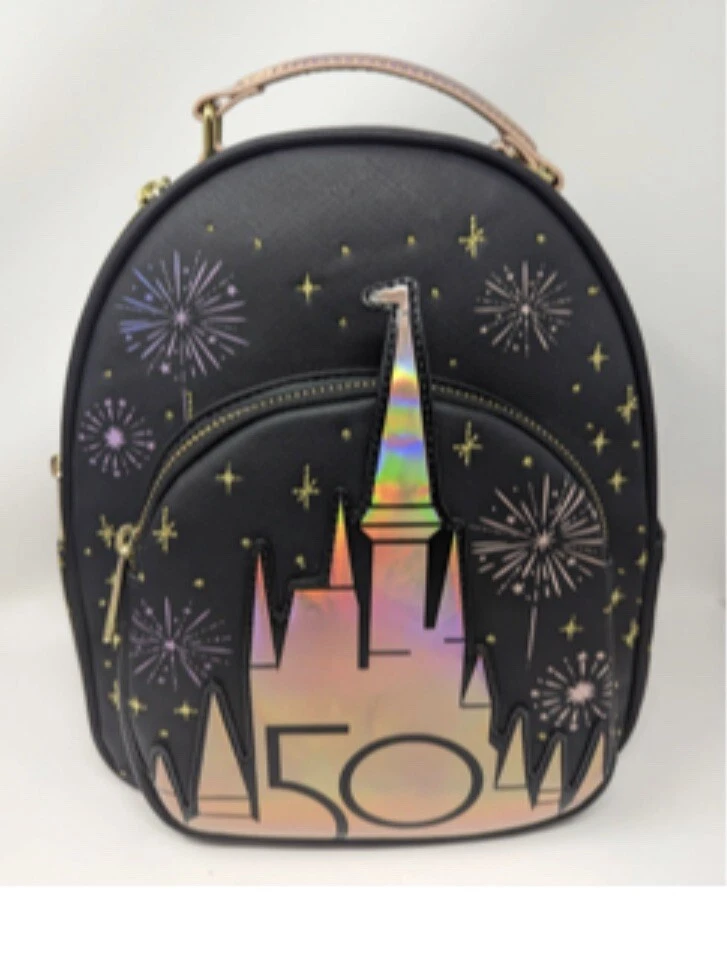 New Disney World 50th Anniversary Celebration Gold Leather Loungefly  Backpack