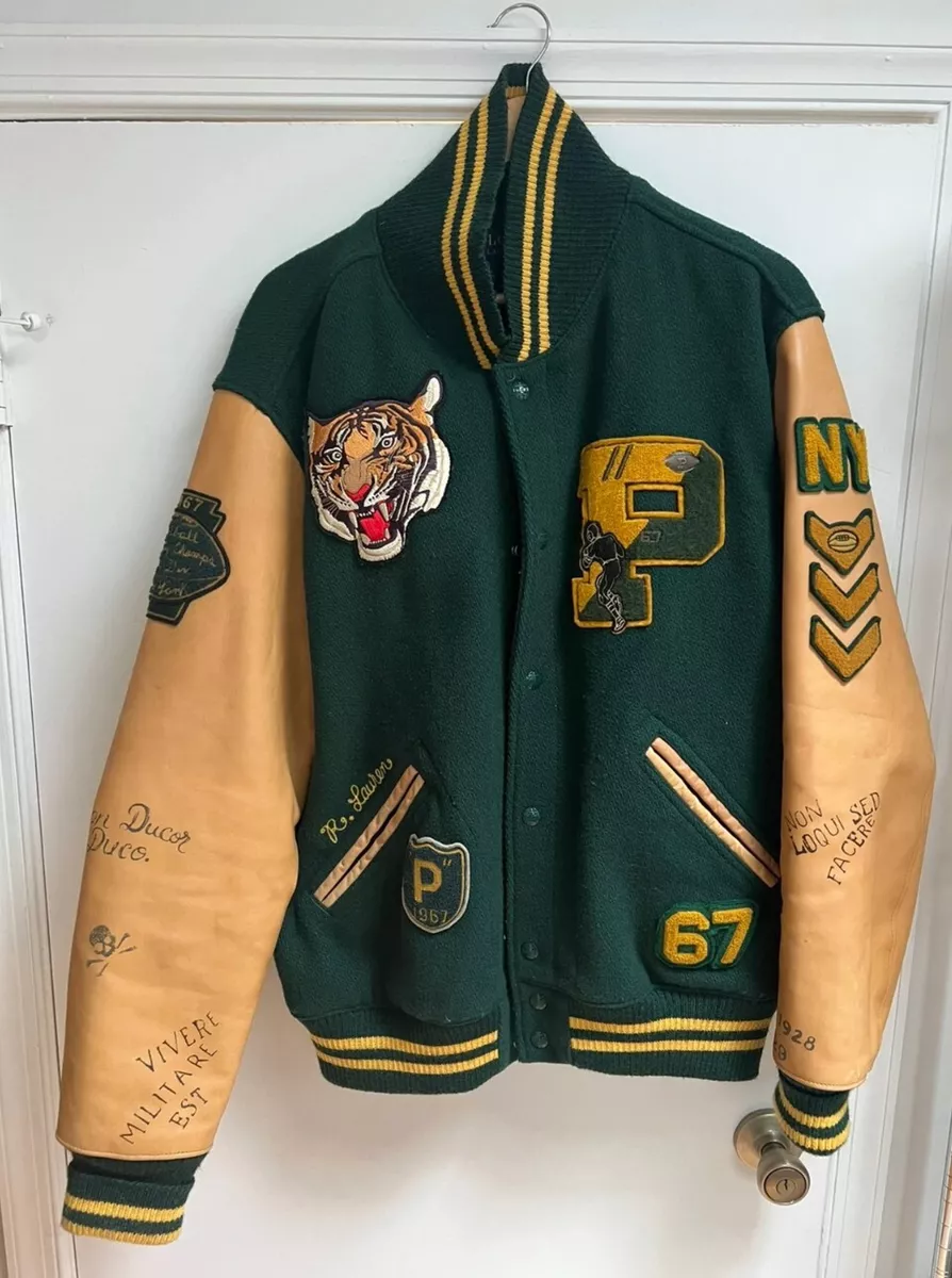 Polo Ralph Lauren XL Letterman Varsity Jacket Leather RRL Rugby Green Tiger  VtG