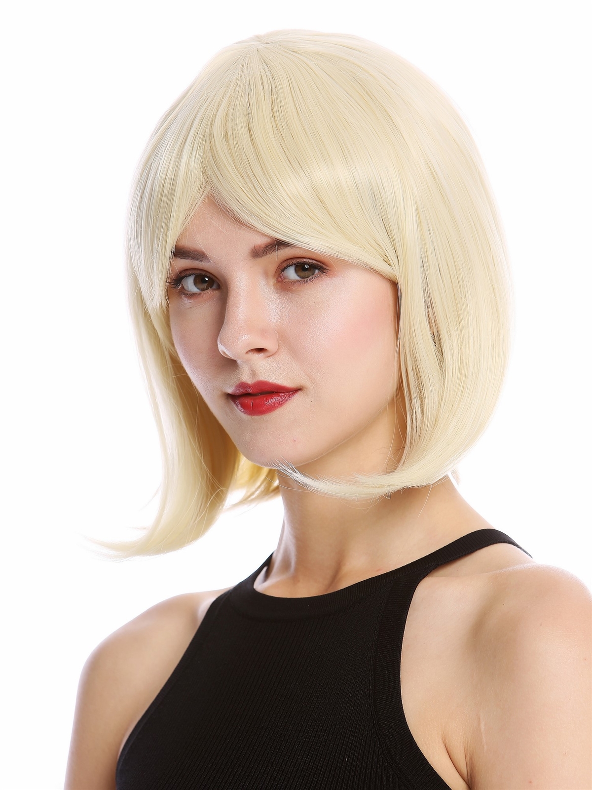 Shoulder-length light blonde bob wig with fringe for women