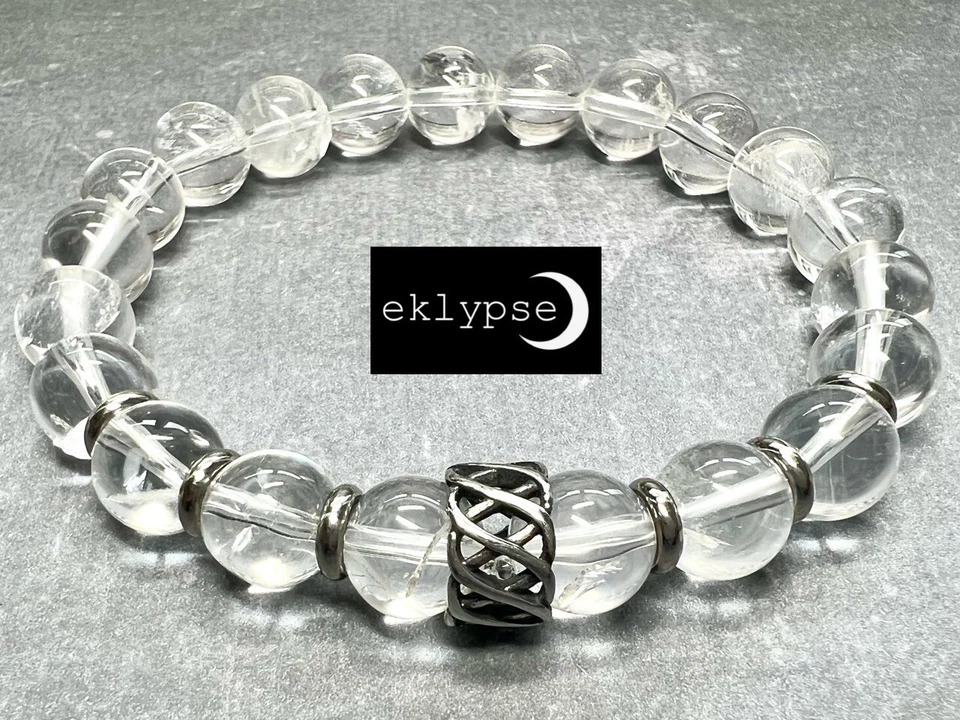 Pulseira masculina HIP 8"L aço inoxidável 10mm cristal transparente quartzo pedra preciosa frisada - Imagem 2 de 4