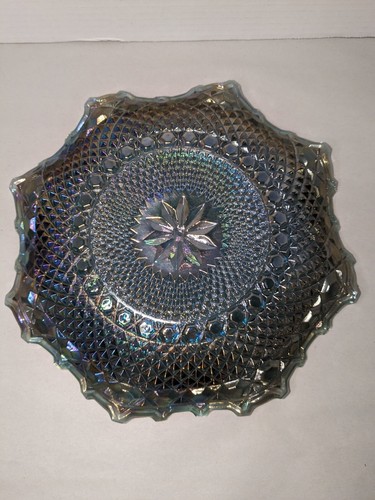 Vintage CARNIVAL Glass 10" Serving Platter Diamond Point Ruffled STARBURST Blue - Picture 4 of 5