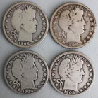 1908 P D O S Silver Barber Half Dollars 50c US Type Coins Average Circ Year Set