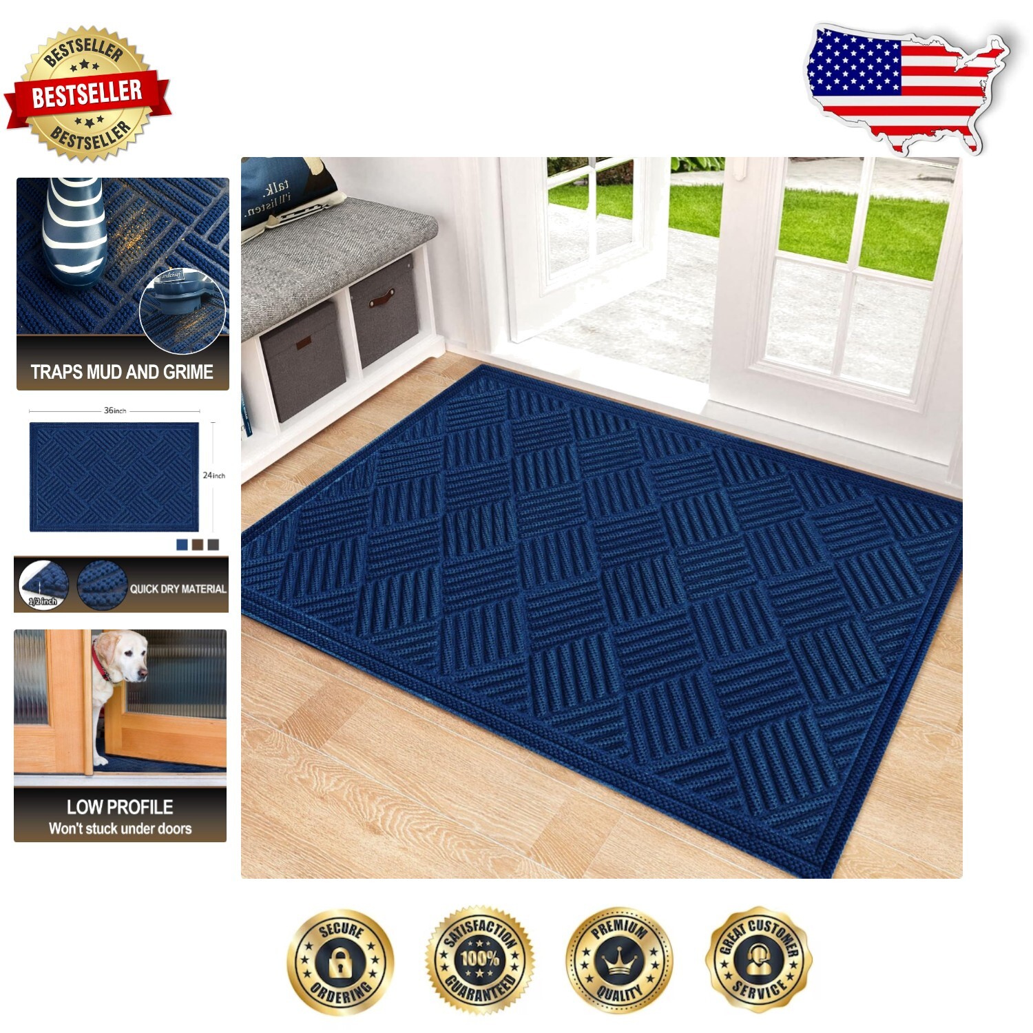 Durable Blue-Grid Indoor/Outdoor Mat - 35.5